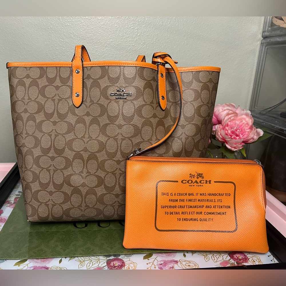 Coach Signature Reversible Tote Brown with Orange Trim and Pouch
